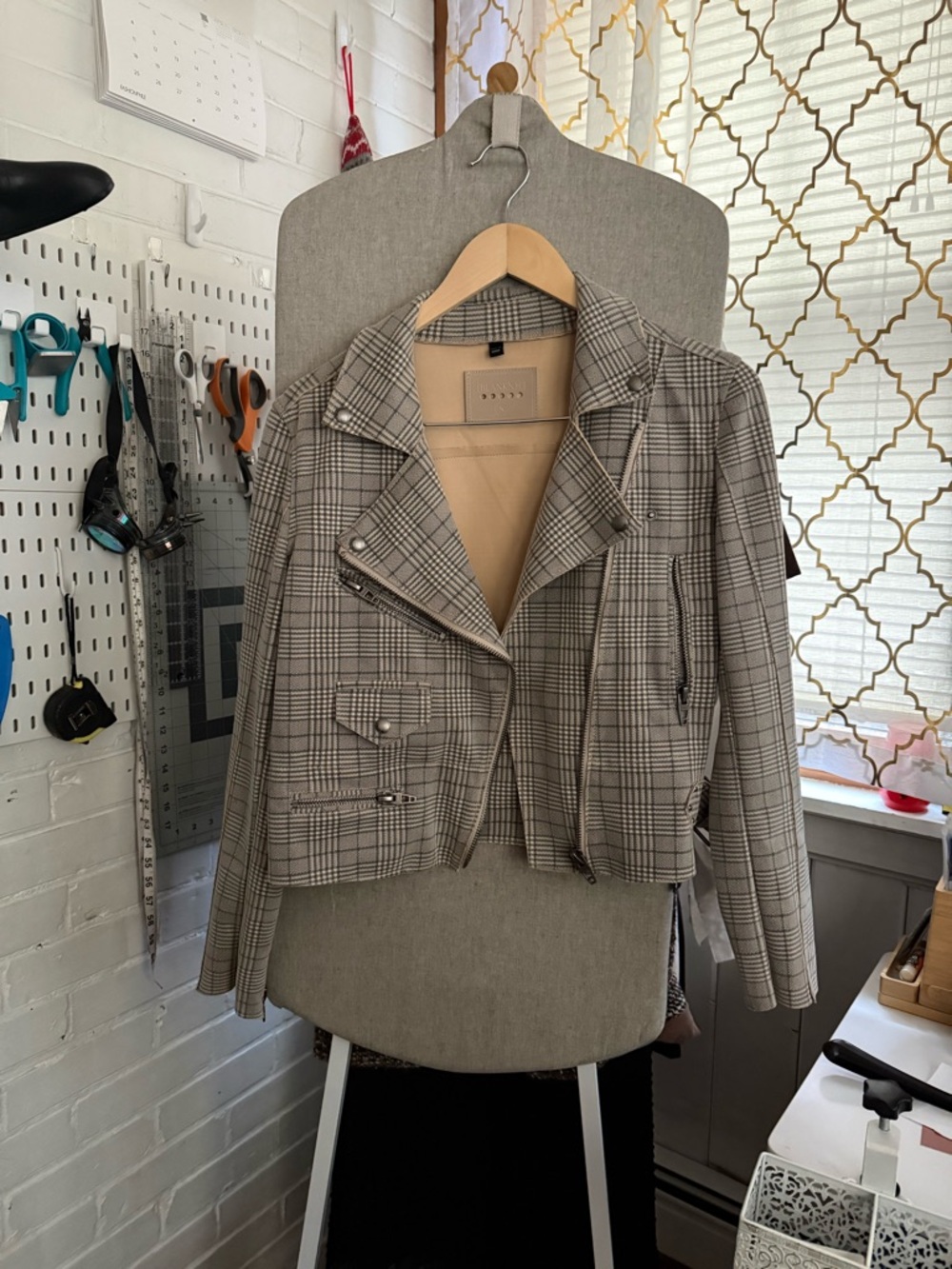 Blank NYC Plaid Cropped Moto Jacket - Beige and Gray *with free skirt
